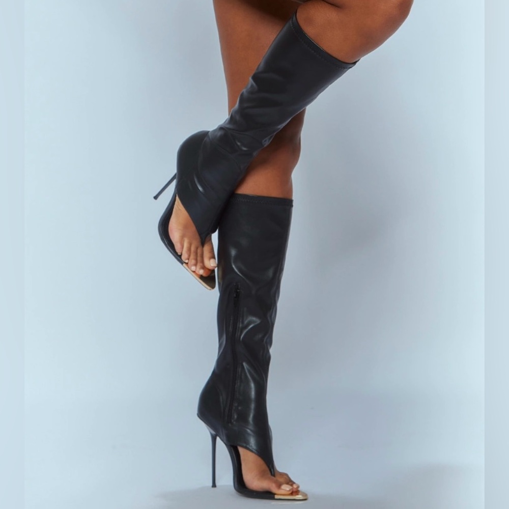 PrettyLittleThing Black Open Toe Stiletto Knee Boots